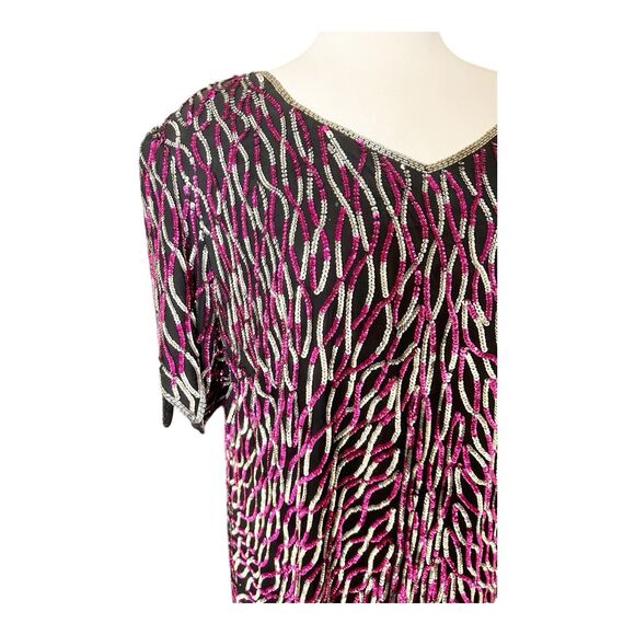 Roamans Silver/Hot Pink 80s VTG Wavy Sequin Maxi Dress Scallop Hem Sz B2=L - Picture 3 of 7